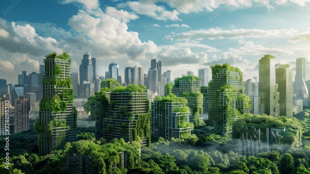 Fototapeta premium Conceptual cityscape with buildings covered in lush greenery under a clear sky with clouds.