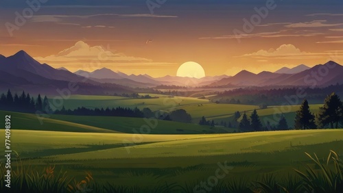 a sunset over a field with trees and mountains a painting of a mountain landscape with mountains in the background