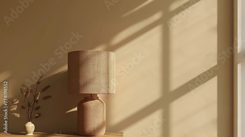 3D render of a terracotta lampshade in a serene, minimalist bedroom. photo