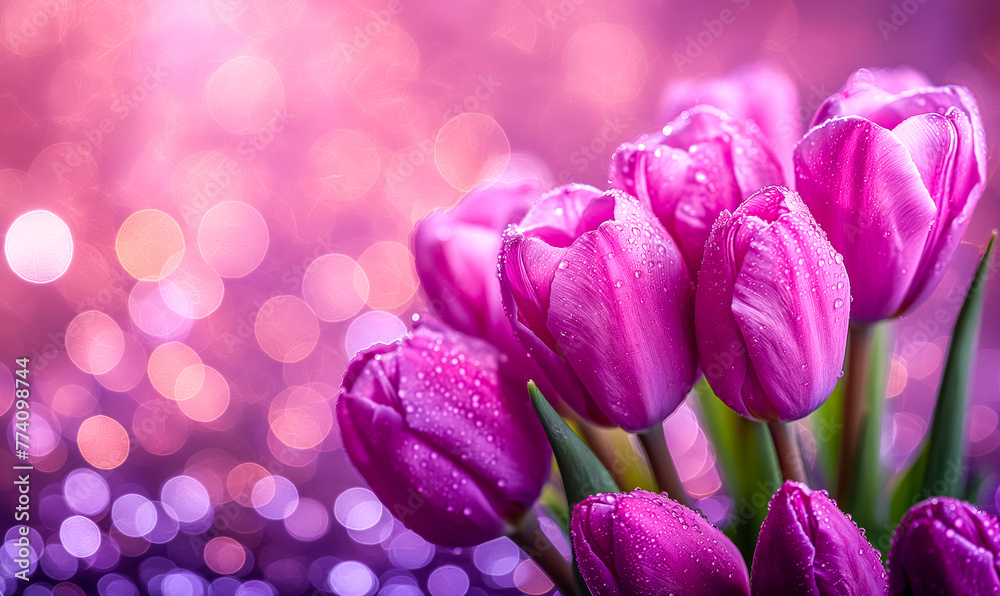 Obraz premium Fresh spring tulip flowers as a holiday postcard design blurred background. Space for text
