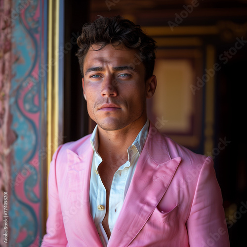 Charming man with blue eyes, in smart pink suit looks contemplative in a natural light setting near a vibrant colored wall photo