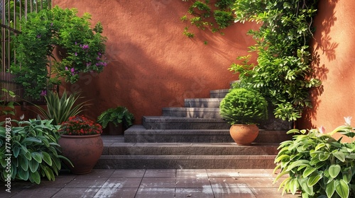3D render of terracotta steps in a simple, outdoor garden scene