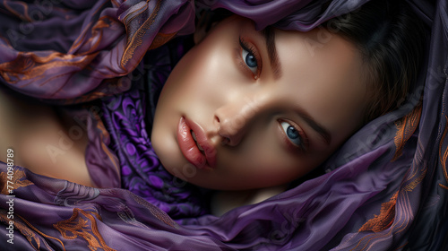 An enigmatic image with intricate silk fabrics in purple tones concealing an obscured face of a very beautiful blue eyed young woman photo