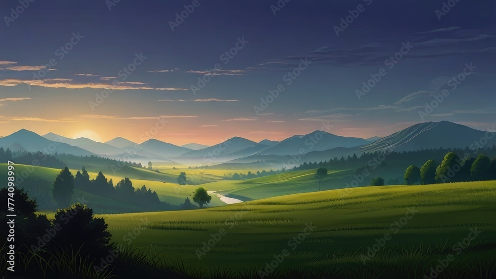 a sunset with mountains and trees in the background