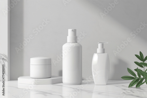 Three white bottles of cosmetics on marble counter