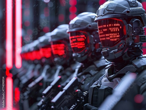 A group of soldiers in red helmets stand in a line. The helmets are lit up with red lights, giving the impression of a futuristic military force. The soldiers are all holding guns.