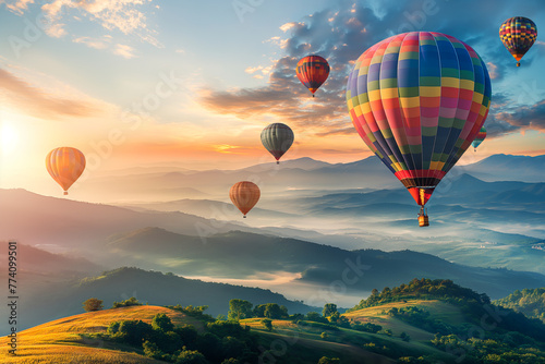 Colorful hot air balloons flying over mountain at sunset sky.
