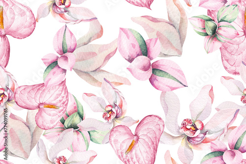 Seamless pattern of orchid and anthurium drawn with watercolor.Designed with floral pattern painted with watercolor.Orchid background.Tropical for natural style wallpaper. © joy8046