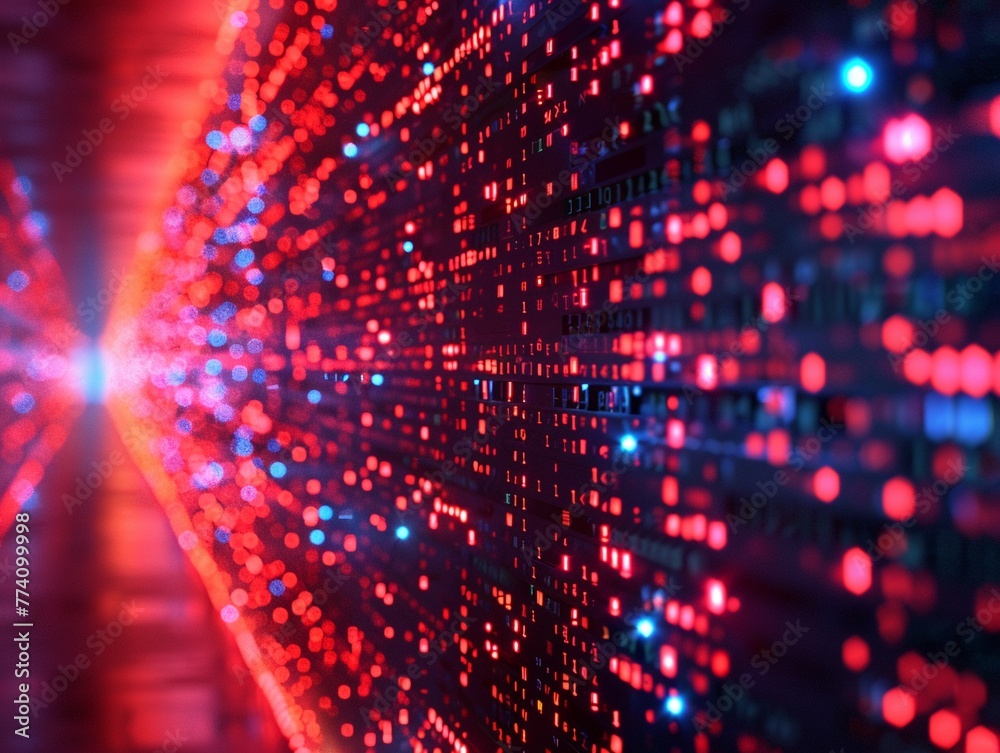 Obraz premium Digital data stream with bright red lights, technology and information concept.
