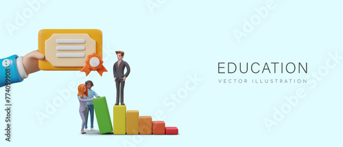 Education concept. Man stands on stairs and looks at certificate. Women are preparing new step