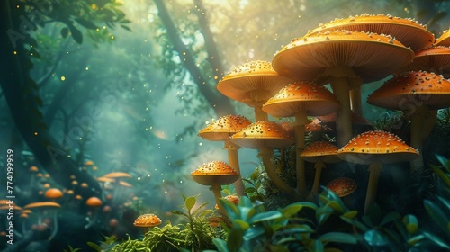 Mushroom caps forming a fairy ring in an enchanted, abstract forest