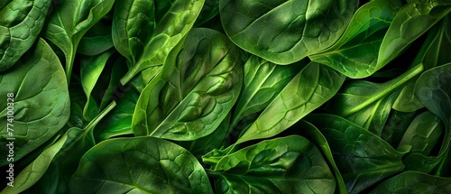 Lush green spinach leaves, full frame fresh organic vegetable background.