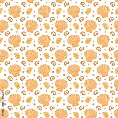 Seashells watercolor seamless pattern, sea background.