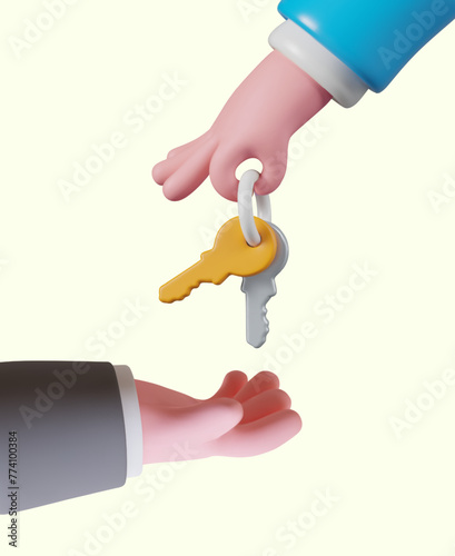 Key transfer concept. Vector poster in cartoon style. Sale of real estate, vehicle