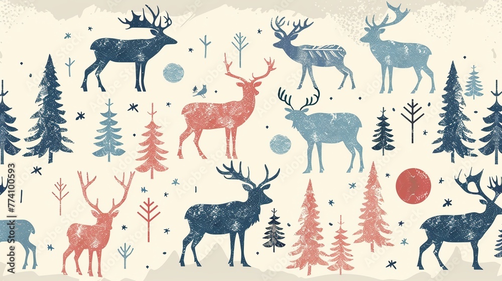 Fototapeta premium Nordic folklore animals in a muted color palette, perfect for commercial use.