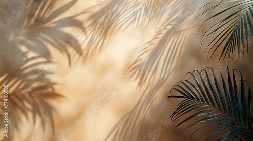 Smooth stucco leather wall with soft foliage dappled light of tropical tree leaf shadow. Abstract background with shadows of plants. ai generated