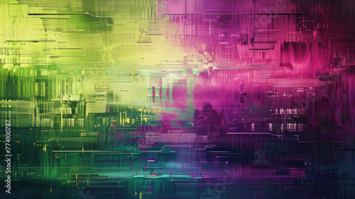 Obra de arte abstracta con efecto de error digital de pantalla glitch VHS, con colores verde y morado.






