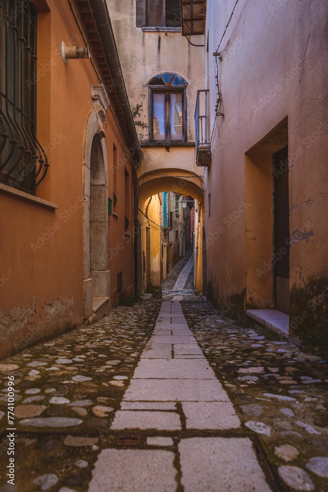 Vertical shot of a narrow path in an old town