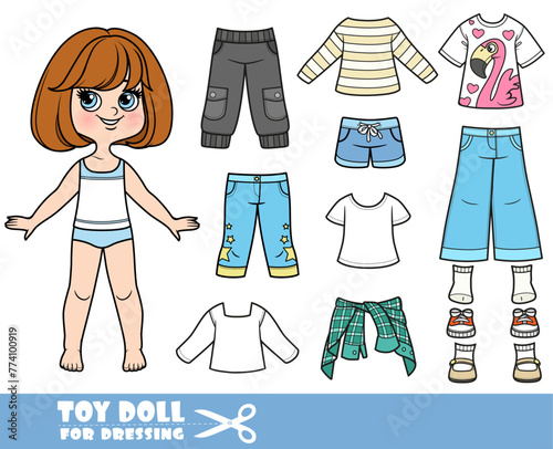 Cartoon brunette girl  with short bob and clothes separately  -  long sleeve, shorts, breeches, jeans and boots