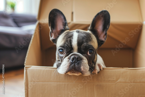 A Bulldog with fawn coat sticking its head out of a cardboard box © Mkorobsky