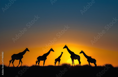 Silhouettes of giraffes against soft glow of the sun illuminating the landscape, stunning sunrise and sunset views within the safari park © Maryna