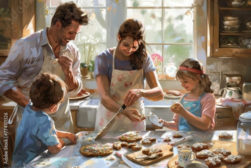 Overjoyed young family with little daughter doing bakery in kitchen together, happy parents enjoy weekend with small girl child baking biscuits pastries, making pie at home AIG42E photo