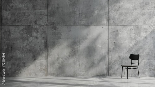 Minimalistic composition of a solitary chair against a concrete wall with soft light filtering through, reflecting concepts of stillness and the elegance of simplicity in design
