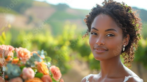 Portrait of an African American woman in a wedding dress in a white dress with flowers against a background of greenery