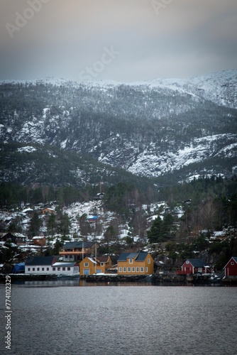 Vertical shot of colorful houses on a snowy shore against mountains in winter © Wirestock