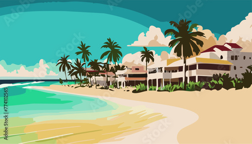 Tropical beach with palm trees and hotels