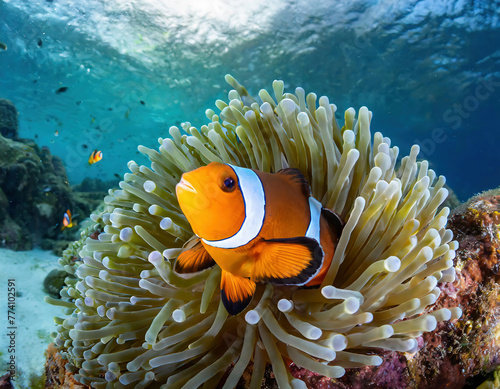 Clown anemonefish (Amphiprion bicolor) on a tropical coral reef photo