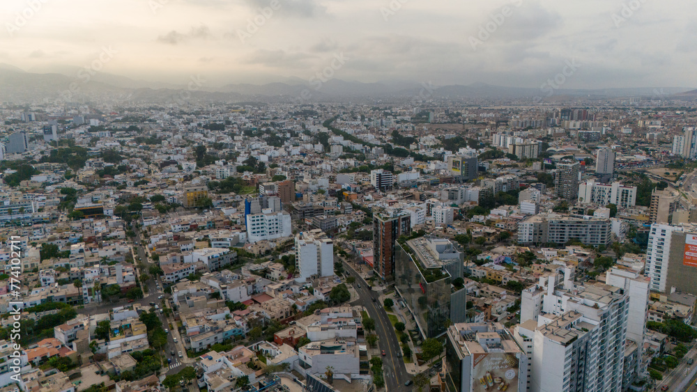 Aerial Drone view of Lima the capital city of Peru skyline, Mireflores Barranco morning traffic south america Aerial Drone view of Lima the capital city of Peru skyline, Mireflores Barranco morning traffic south america