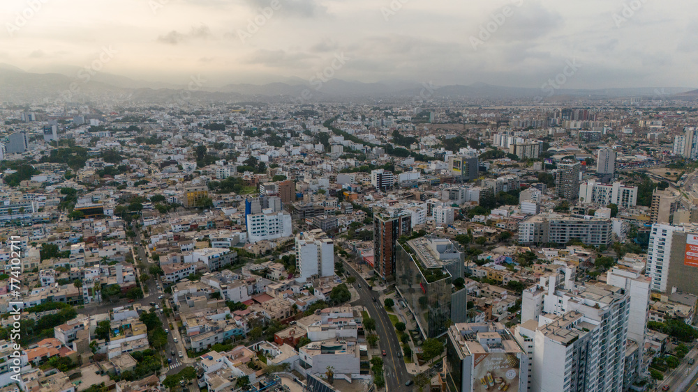 Aerial Drone view of Lima the capital city of Peru skyline, Mireflores Barranco morning traffic south america