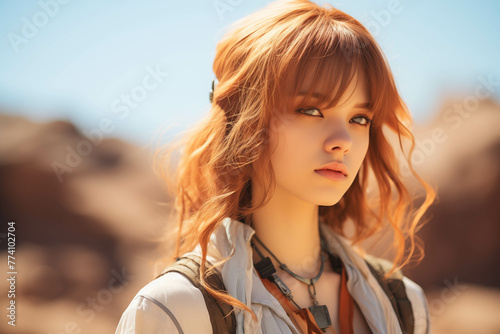 Fantasy image of a beautiful female character Fantasy anime style With the background being a desert area. photo