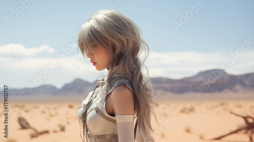 Fantasy image of a beautiful female character Fantasy anime style With the background being a desert area. photo
