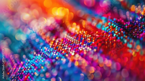 Vibrant close-up of colorful, sparkling bokeh lights with a rainbow gradient effect and soft-focus for a dreamy atmosphere.