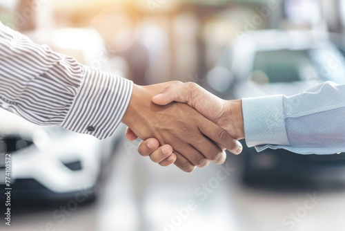 Two men shake hands in front of a car by AI generated image photo