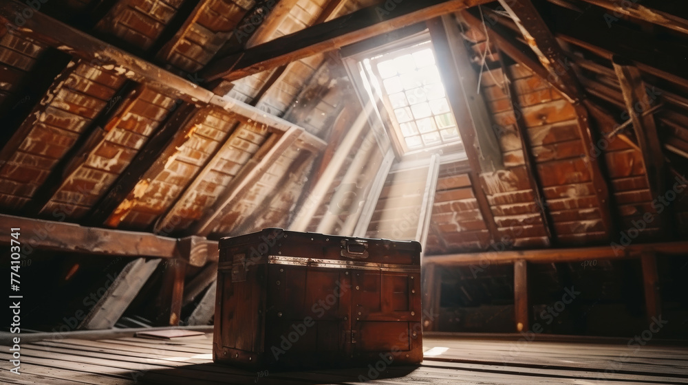 Victorian interior design of attic room with wooden beams, flooring ...
