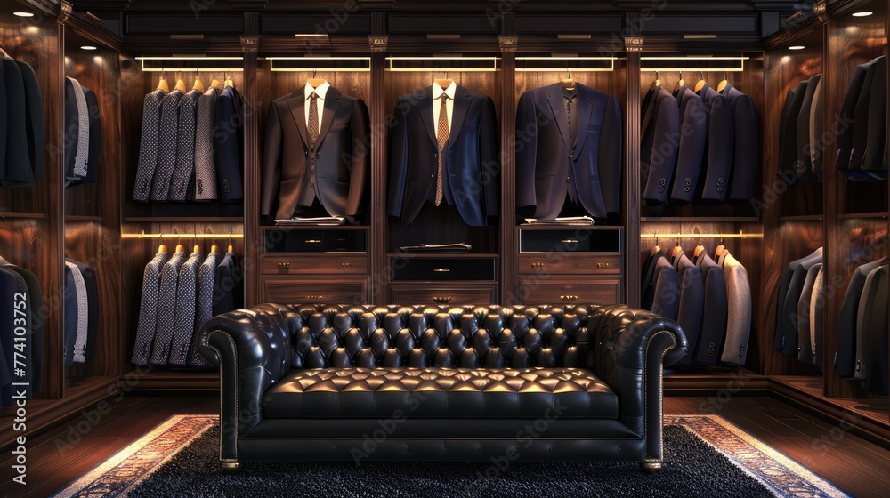 Luxury store of men clothing with black sofa, male wardrobe interior - obrazy, fototapety, plakaty 