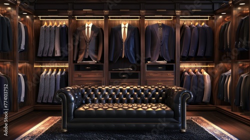 Luxury store of men clothing with black sofa, male wardrobe interior photo