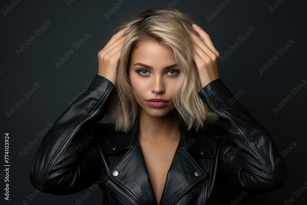 A woman with blonde hair and a black leather jacket. She is wearing red lipstick and has her hair pulled back