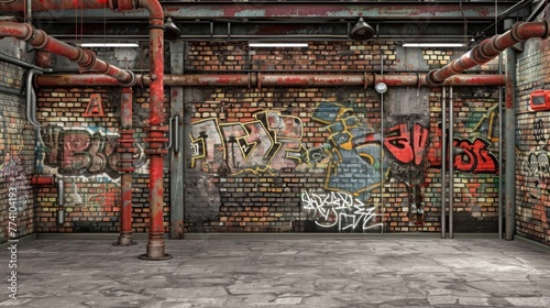 Empty room interior design background with no furniture, featuring graffiti-covered brick wall, red pipes, and concrete floor