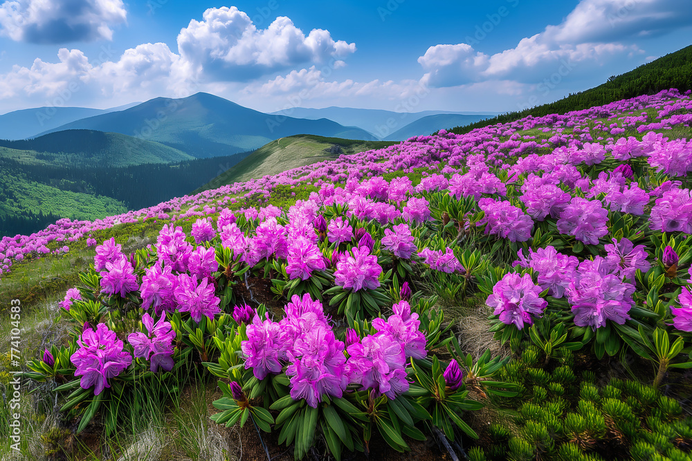 Spring landscape in mountains with Flower of a rhododendro with sky