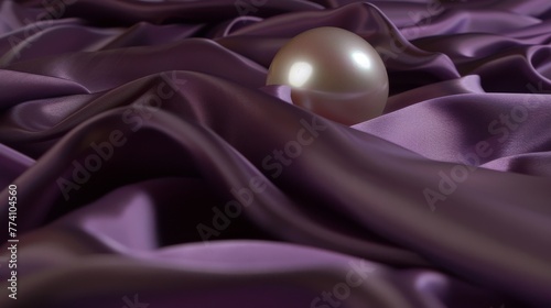 A single, radiant pearl nestles on plush purple satin, its luster contrasting with the fabric rich, flowing folds. photo