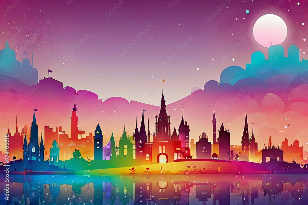 Dive into a vibrant cityscape merging with a whimsical fairytale land in a colorful gradient background.