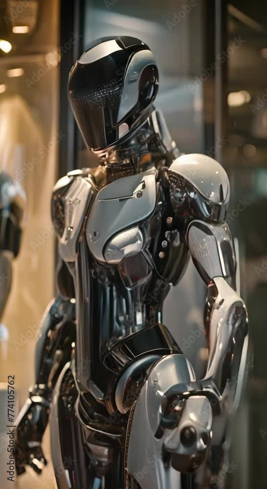 A robot with a black and white suit stands in front of a window A robot with a black and white suit stands in front of a window