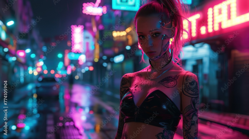 Portrait of tattooed street woman against the backdrop of a cyber metropolis wallpaper AI generated image