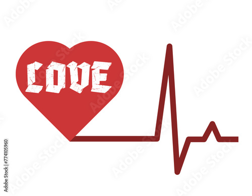 Love in the cardiogram of the heart. Palpitation. Cardiogram design element.
