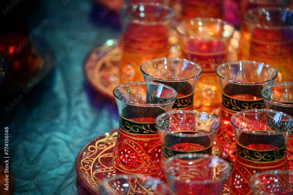 Ethnic moroccan tea service with glasses and a tray