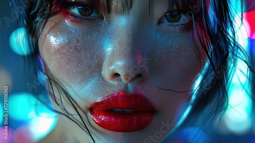 Close up of asian woman face sensual and seductive beautiful red lips AI generated image photo